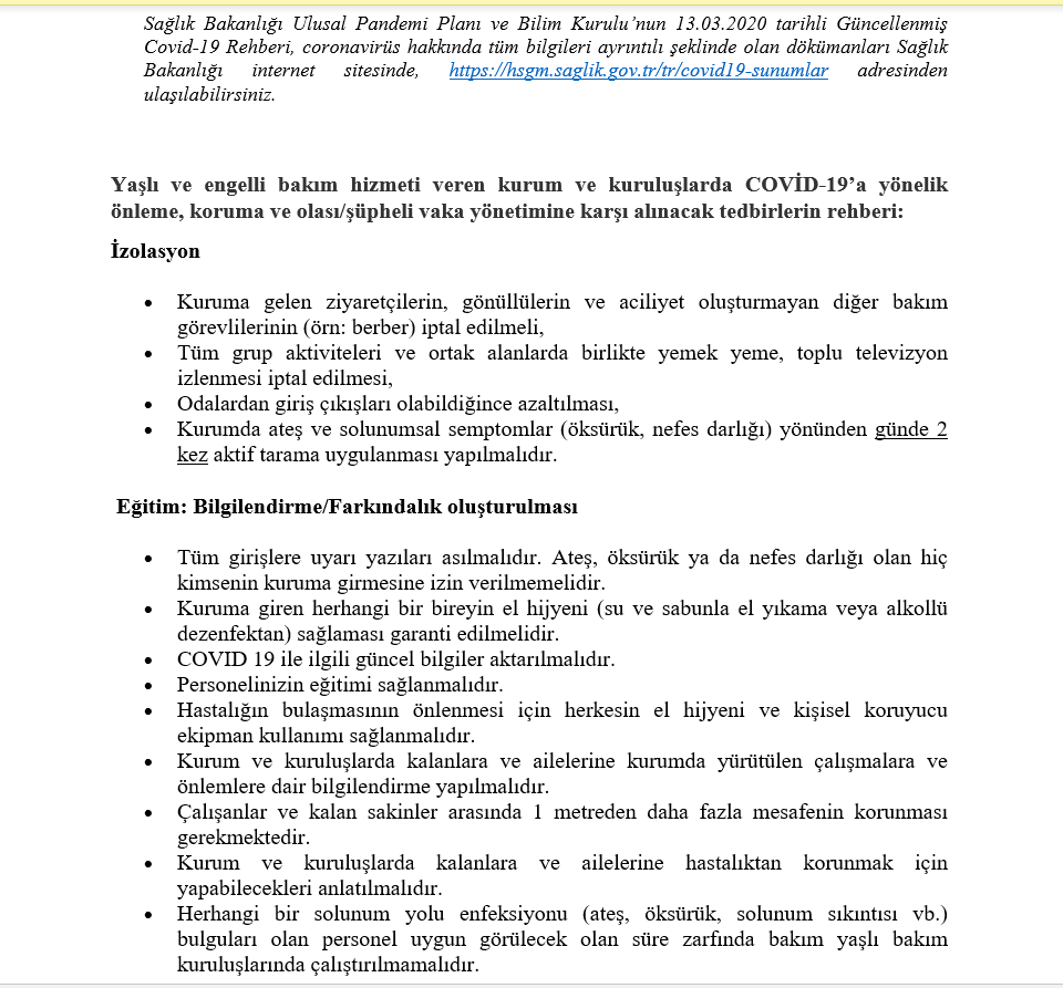 Huzurevlerinde Covid-19 Tedbiri